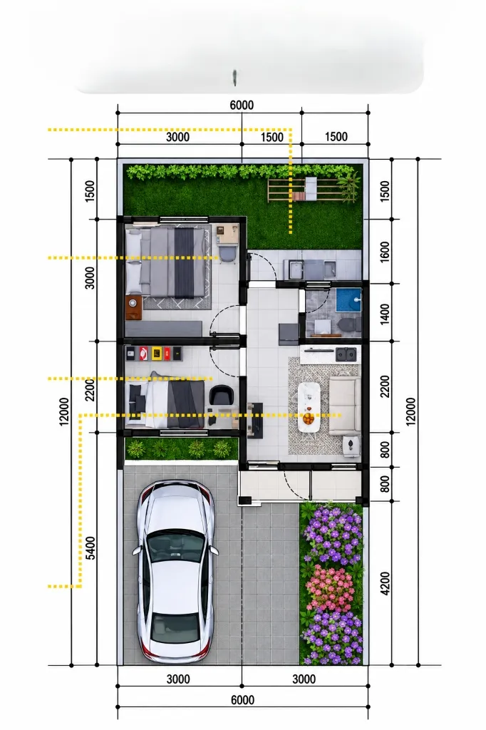 Denah arsitektur Tipe 30/72 TerAs Bahagia 2 Kamar Tidur